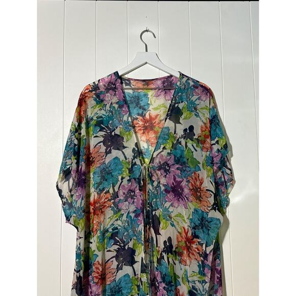 Floral Kimono Cover-Up With Fringe Hem & Tie Closure Multiple Colors M/L - Picture 2 of 5